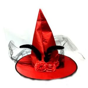 Sombrero de Bruja Rojo con Tul Negro para Adultos – Genial Tela Satinada y Diseño Elegante