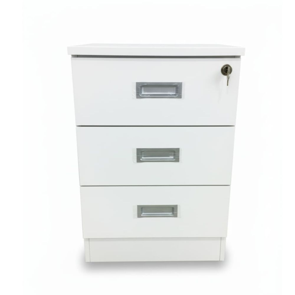 Velador Noruega Blanco Melamina 3 Cajones con impecable Cerradura 60cm - Image 2