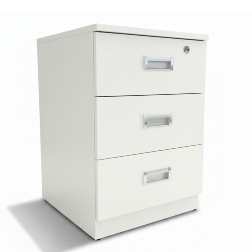 Velador Noruega Blanco Melamina 3 Cajones con impecable Cerradura 60cm