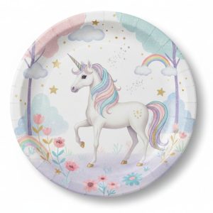 PLATOS DESCARTABLES UNICORNIO ROSA 28 DIAMETRO.