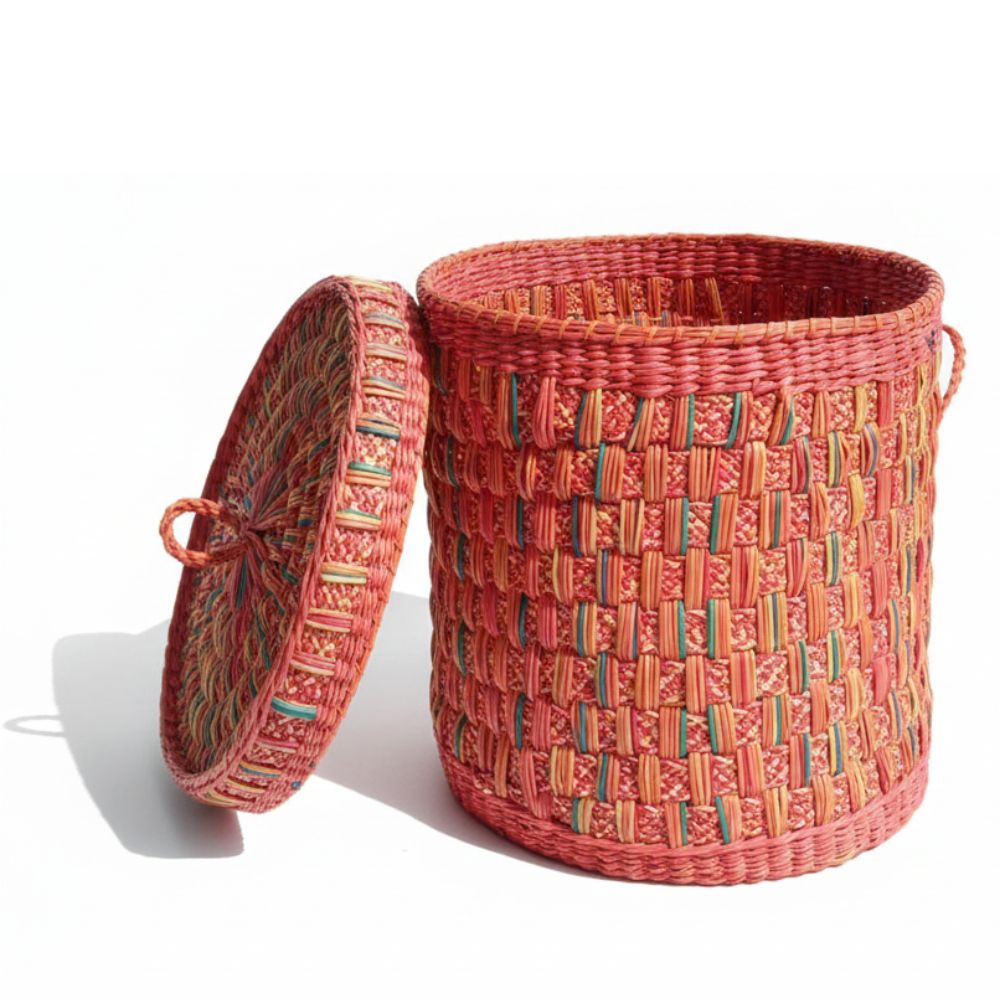 Cesto de Mimbre con Tapa Multicolor | Esencial Organizador Decorativo 40 cm