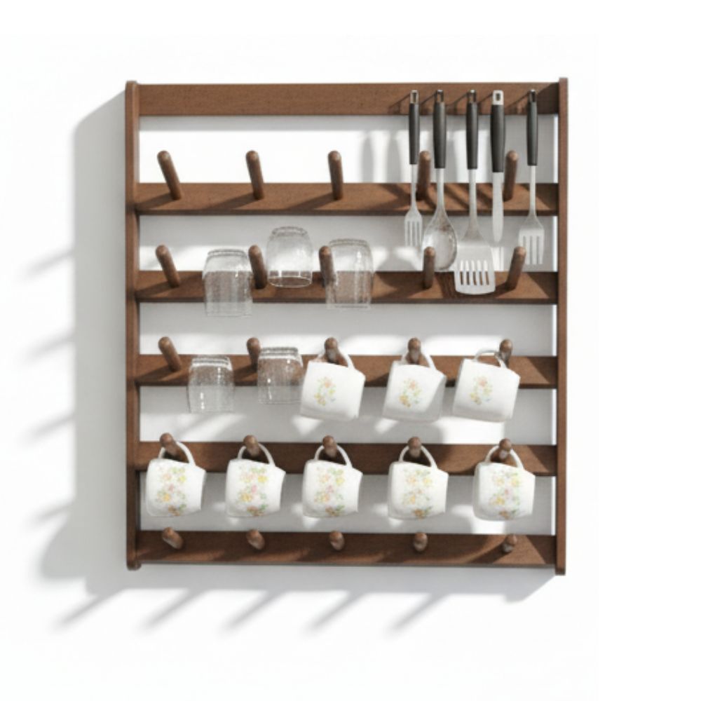 Escurridor Porta Vasos espectacular Madera Pino Color espectacular Caoba para 25 Vasos o Tazas – Instalación en Pared