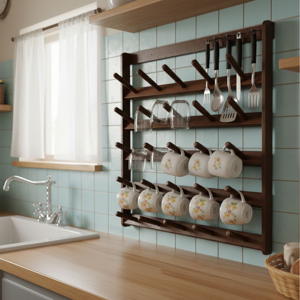 Escurridor Porta Vasos espectacular Madera Pino Color espectacular Caoba para 25 Vasos o Tazas – Instalación en Pared - Image 3