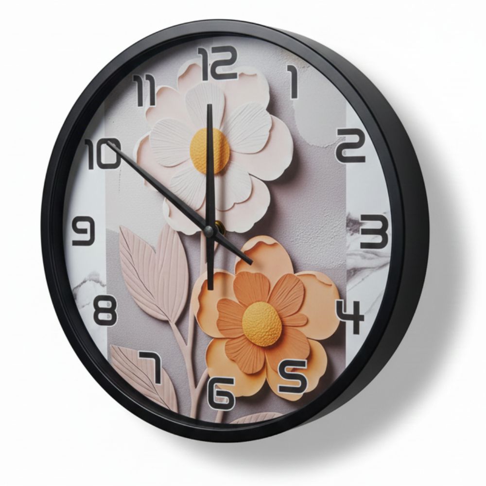 Reloj de Pared Redondo Modelo Margaritas – Marco Negro, Fondo Blanco, 20 cm - Image 2