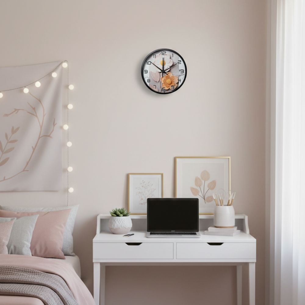 Reloj de Pared Redondo Modelo Margaritas – Marco Negro, Fondo Blanco, 20 cm - Image 3