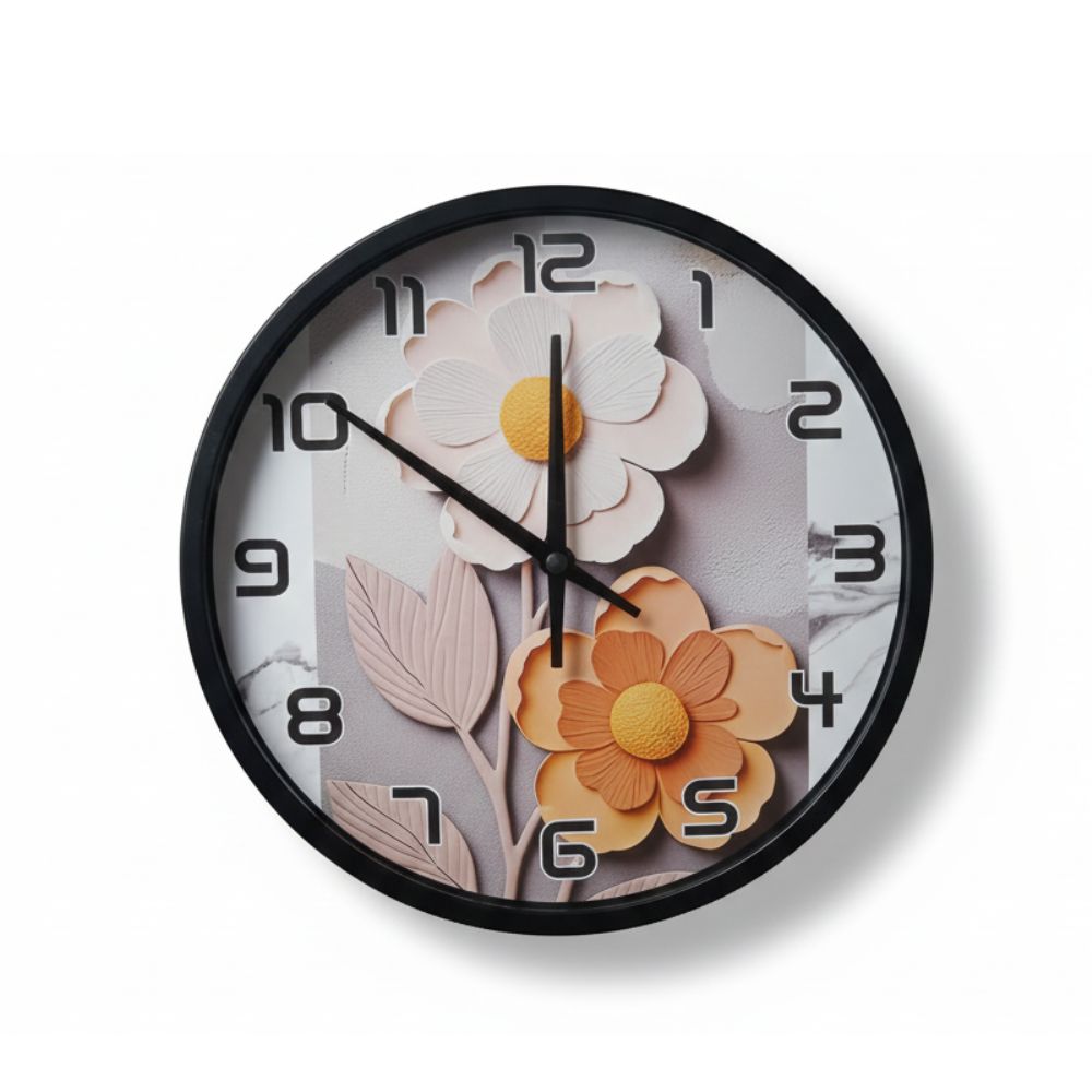 Reloj de Pared Redondo Modelo Margaritas – Marco Negro, Fondo Blanco, 20 cm