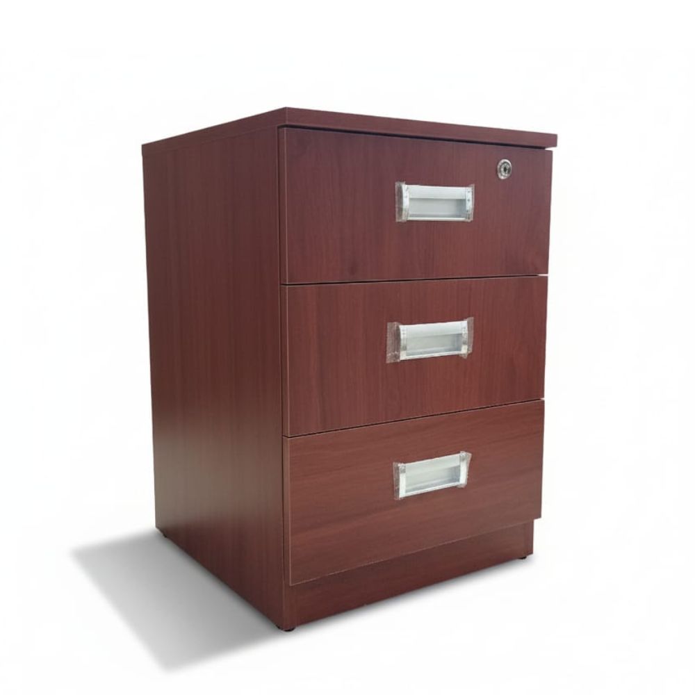 Velador de Melamina Nogal 3 Cajones con impecable Cerradura 60cm